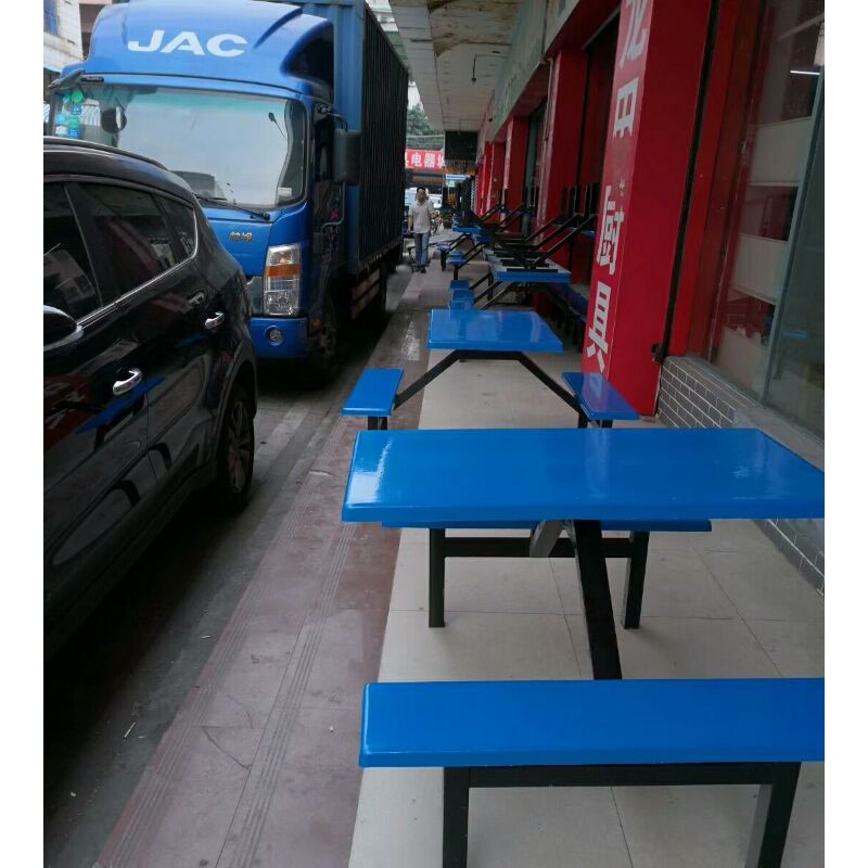 南宁饭堂8人位饭桌 直条快餐桌椅批发 学校单位蓝色餐桌椅