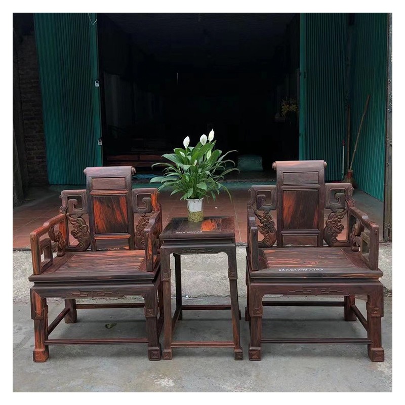老挝大红酸枝宝座三件套 老红木太师椅 交趾黄檀红木宝座