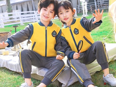 中小学生校服秋款拉链衫黄色两件套学院运动套装 现货量大批发